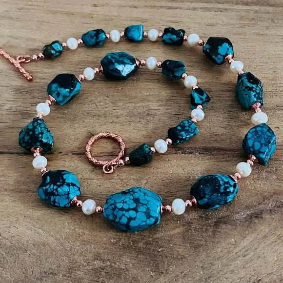 Genuine Turquoise and FreshwaterPearl Necklace with Solid Copper Beads & Clasp - Picture 12 of 12